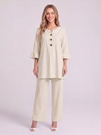 Frilec Linen Two Piece Co-Ord Set – Ruffle Sleeve Top Wide Leg Trousers Women Casual Relaxed Lounge Set