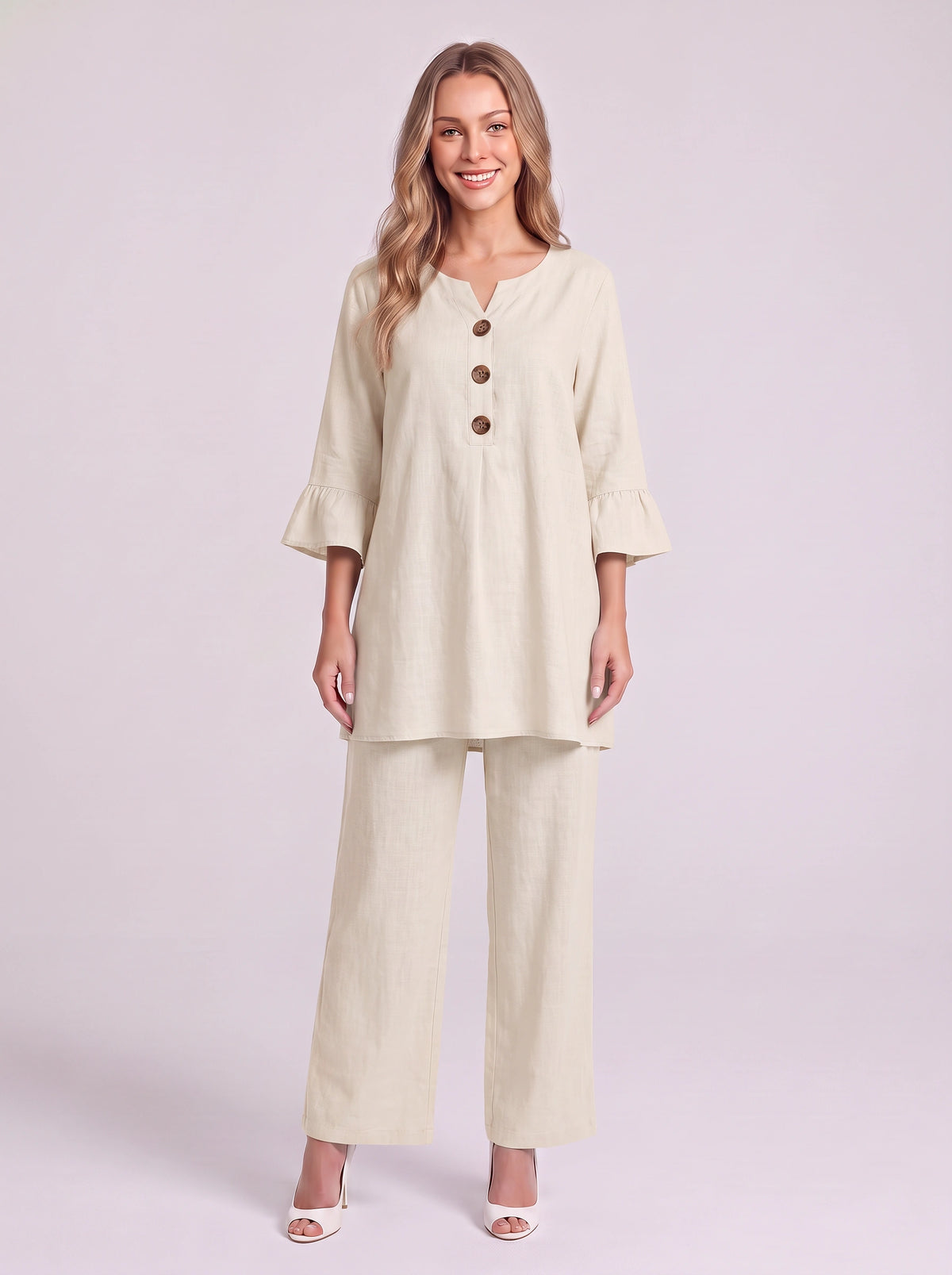 Frilec Linen Two Piece Co-Ord Set – Ruffle Sleeve Top Wide Leg Trousers Women Casual Relaxed Lounge Set