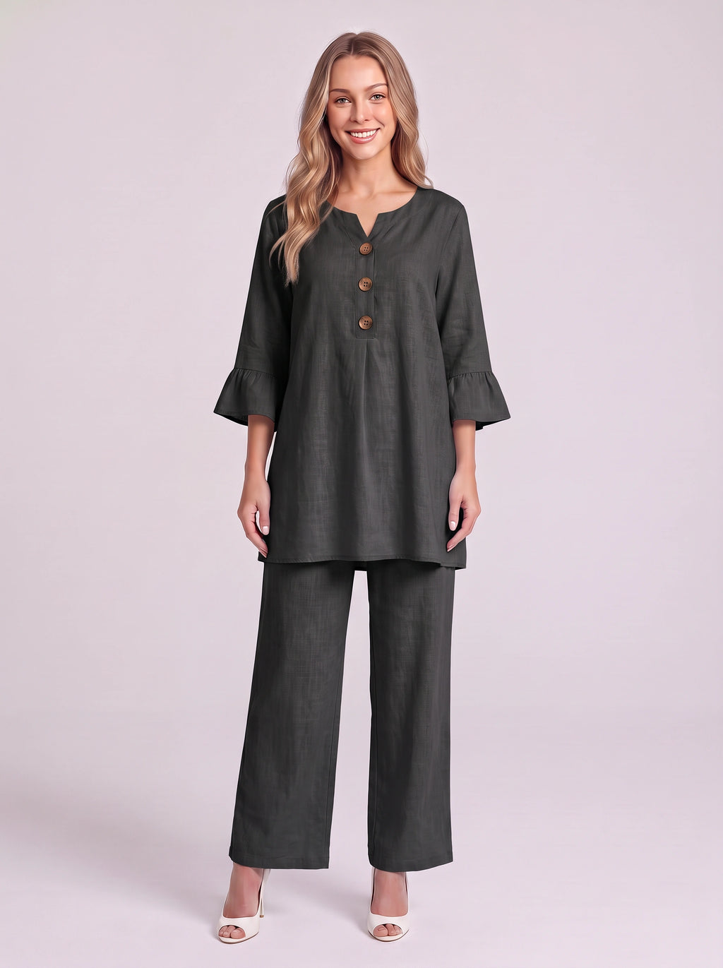 Frilec Linen Two Piece Co-Ord Set – Ruffle Sleeve Top Wide Leg Trousers Women Casual Relaxed Lounge Set