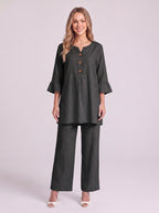 Frilec Linen Two Piece Co-Ord Set – Ruffle Sleeve Top Wide Leg Trousers Women Casual Relaxed Lounge Set