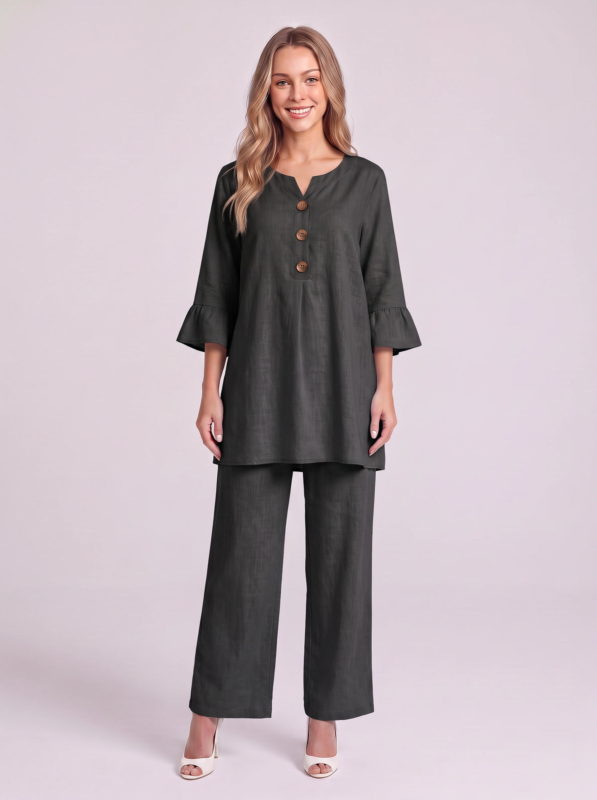 Frilec Linen Two Piece Co-Ord Set – Ruffle Sleeve Top Wide Leg Trousers Women Casual Relaxed Lounge Set