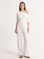 Fladra Relaxed Wide-Leg Linen Trousers – Drawstring Casual Lounge Women Holiday Beach Trousers
