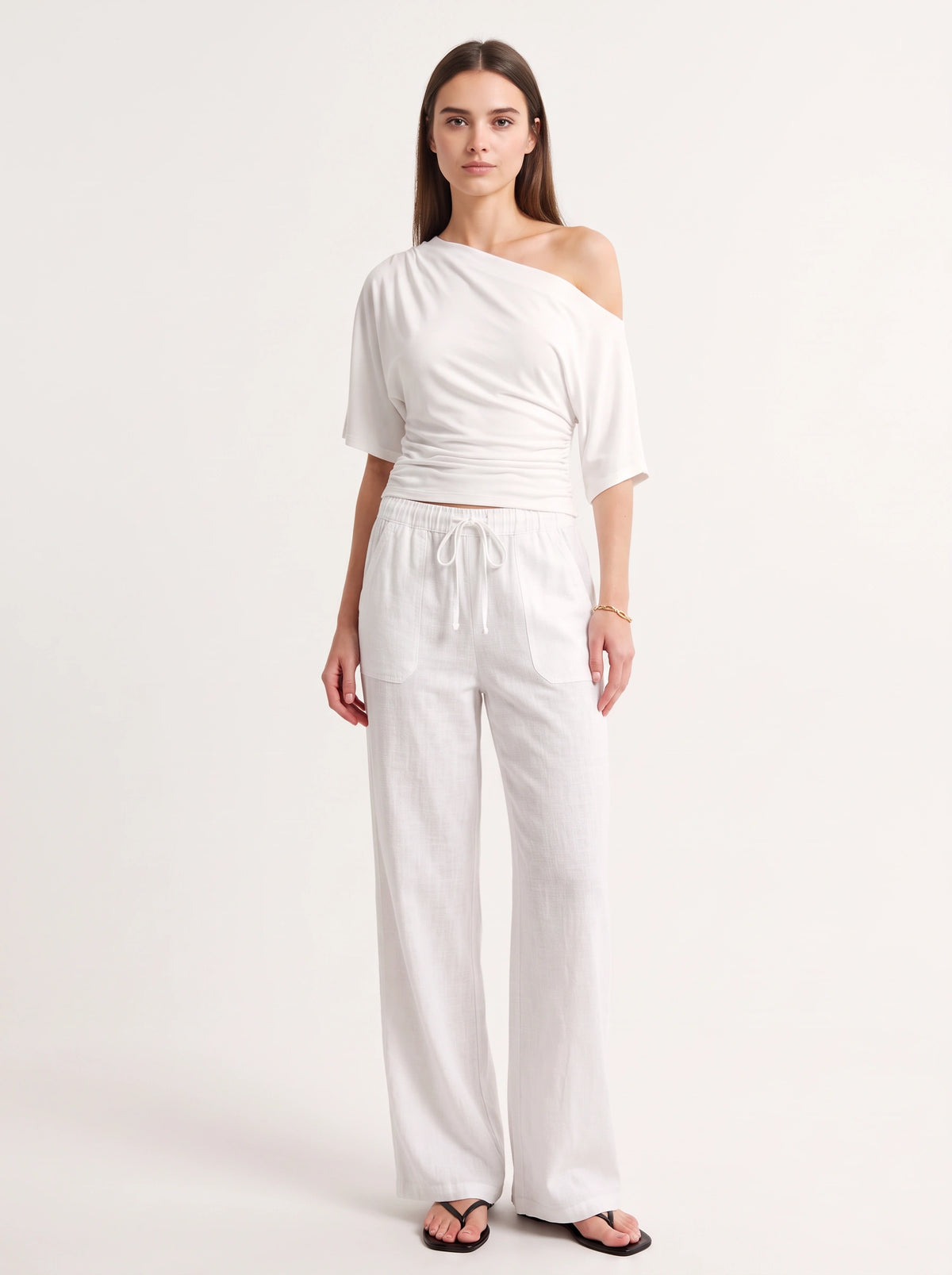 Fladra Relaxed Wide-Leg Linen Trousers – Drawstring Casual Lounge Women Holiday Beach Trousers