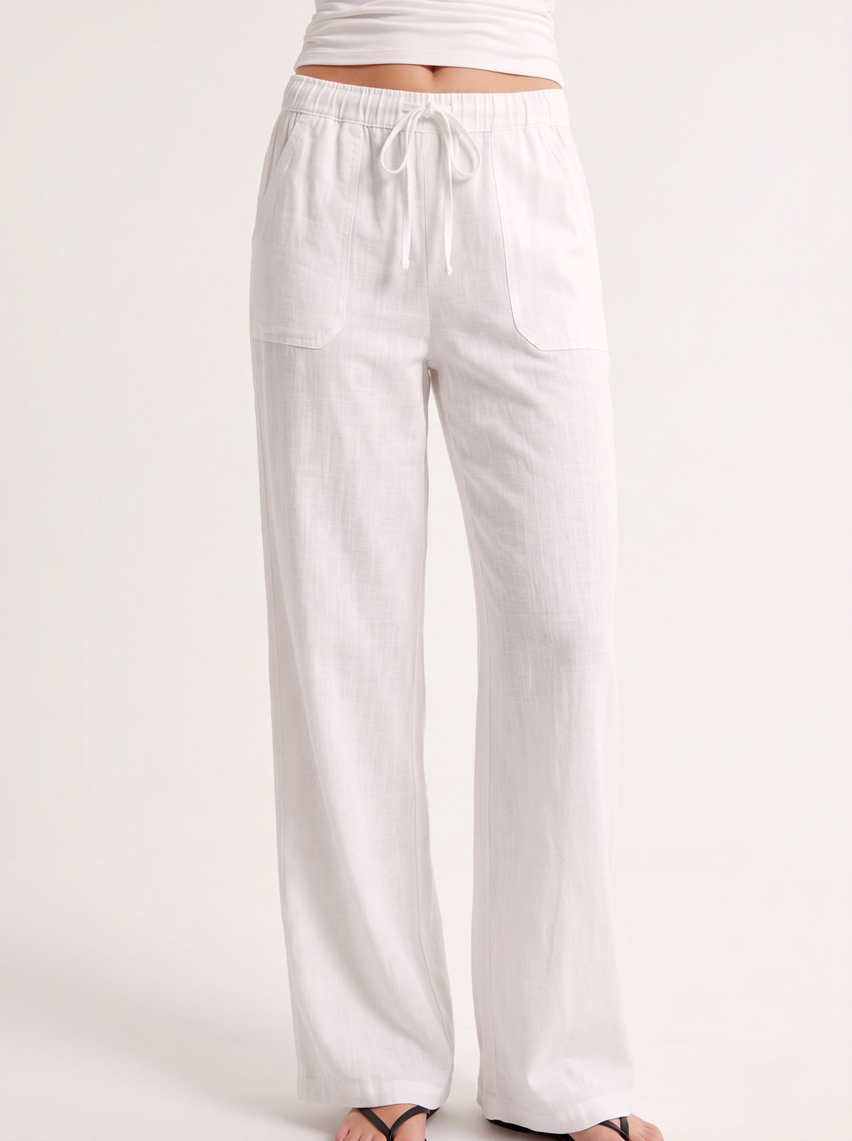 Fladra Relaxed Wide-Leg Linen Trousers – Drawstring Casual Lounge Women Holiday Beach Trousers