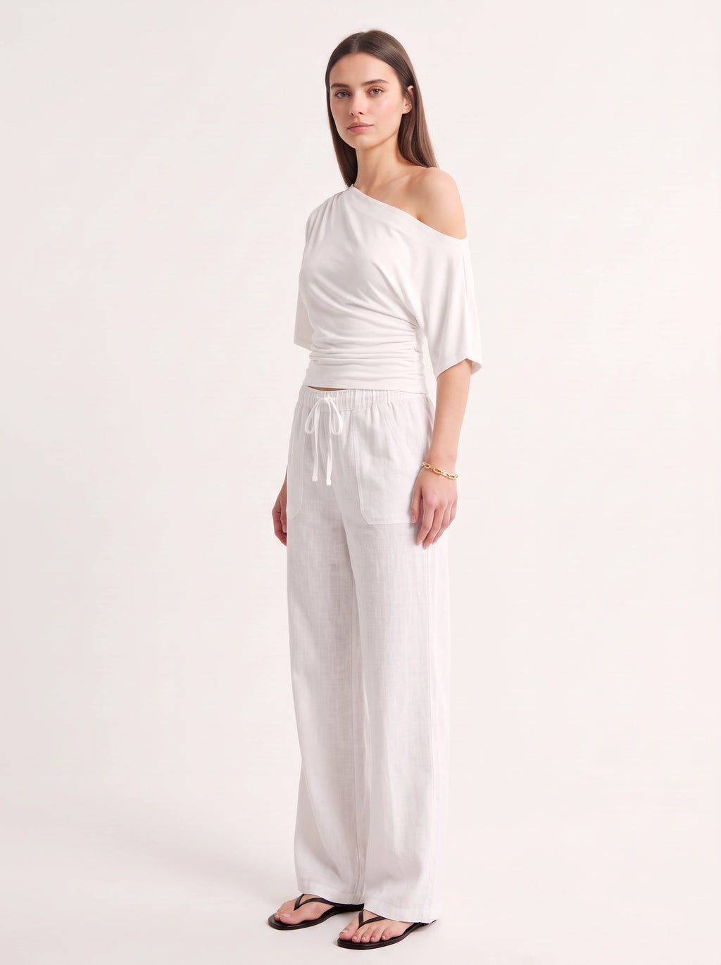 Fladra Relaxed Wide-Leg Linen Trousers – Drawstring Casual Lounge Women Holiday Beach Trousers