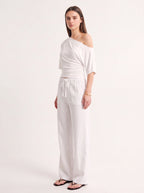 Fladra Relaxed Wide-Leg Linen Trousers – Drawstring Casual Lounge Women Holiday Beach Trousers