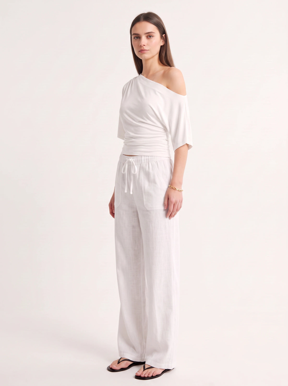 Fladra Relaxed Wide-Leg Linen Trousers – Drawstring Casual Lounge Women Holiday Beach Trousers