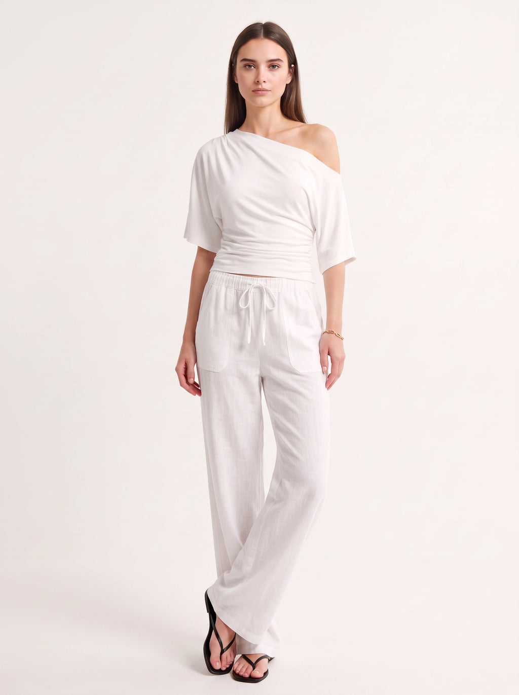 Fladra Relaxed Wide-Leg Linen Trousers – Drawstring Casual Lounge Women Holiday Beach Trousers