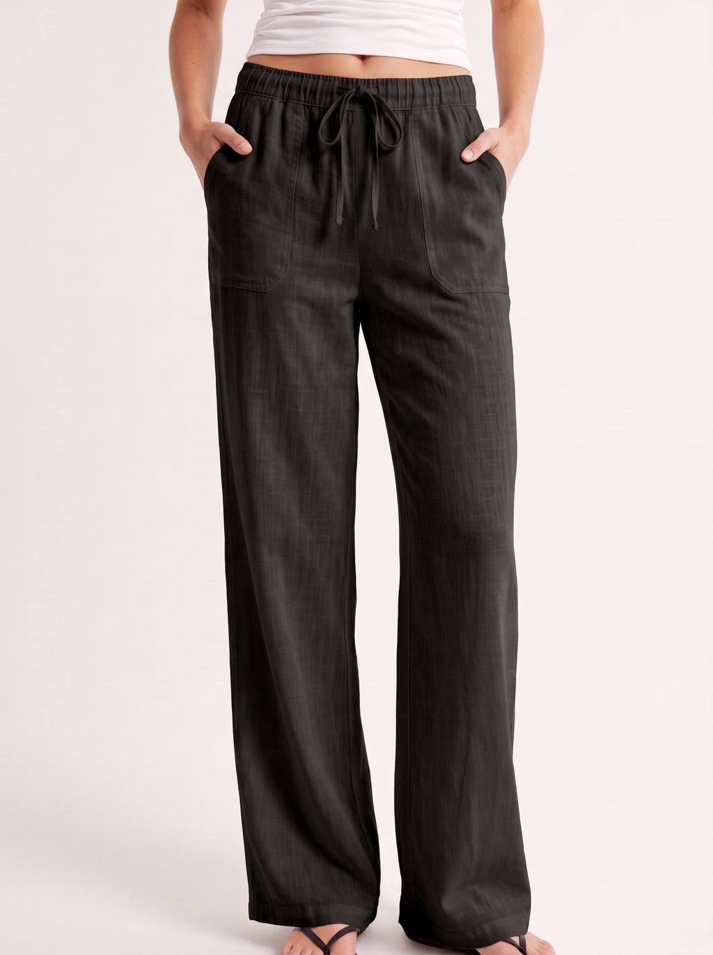 Fladra Relaxed Wide-Leg Linen Trousers – Drawstring Casual Lounge Women Holiday Beach Trousers