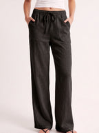 Fladra Relaxed Wide-Leg Linen Trousers – Drawstring Casual Lounge Women Holiday Beach Trousers