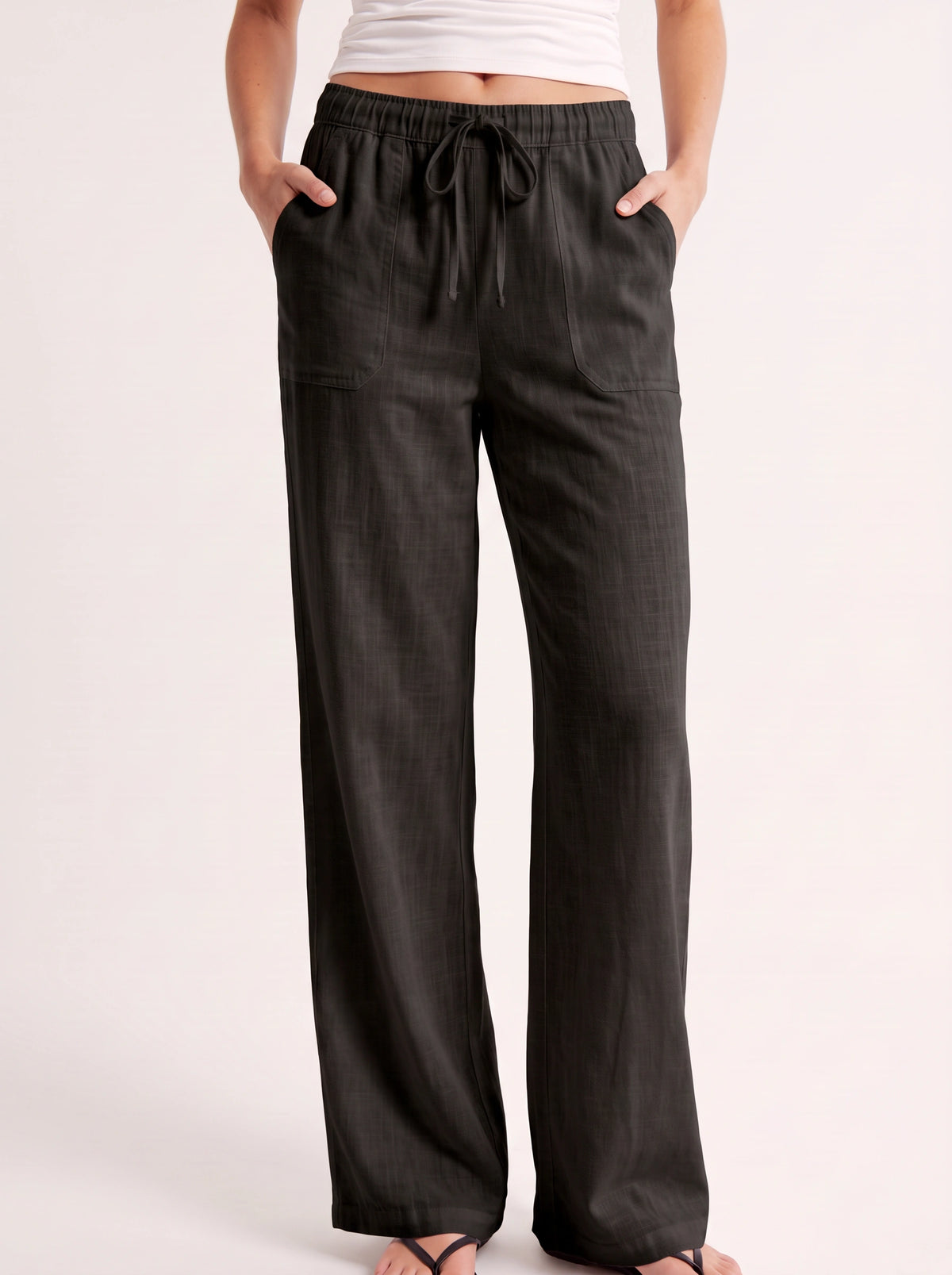 Fladra Relaxed Wide-Leg Linen Trousers – Drawstring Casual Lounge Women Holiday Beach Trousers