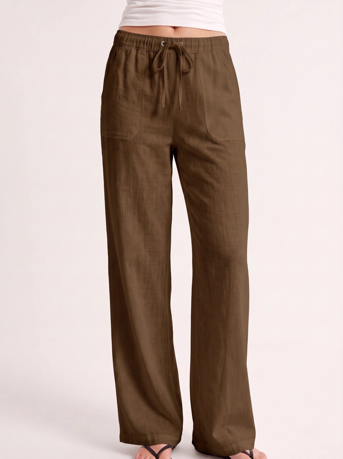 Fladra Relaxed Wide-Leg Linen Trousers – Drawstring Casual Lounge Women Holiday Beach Trousers