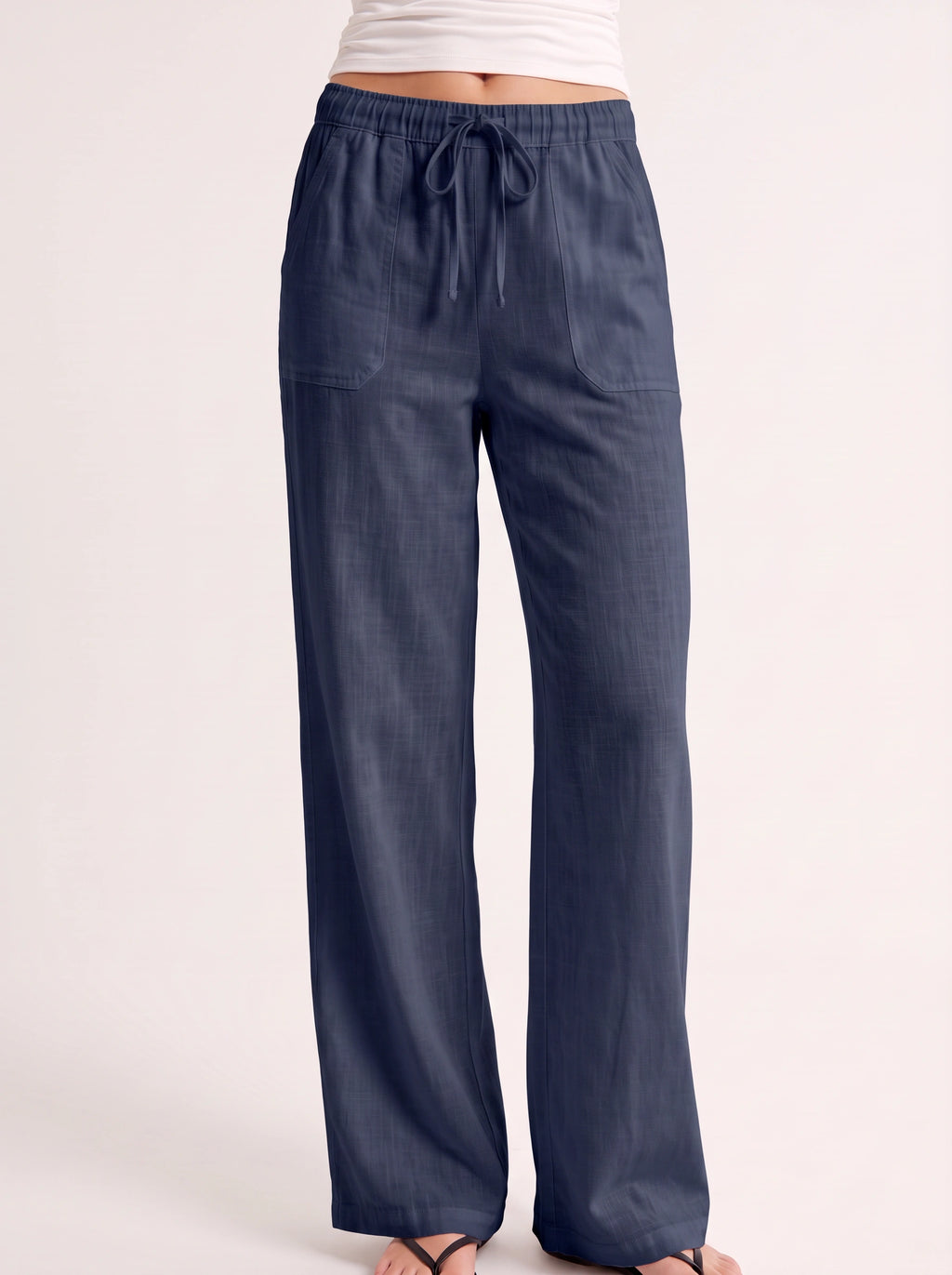 Fladra Relaxed Wide-Leg Linen Trousers – Drawstring Casual Lounge Women Holiday Beach Trousers