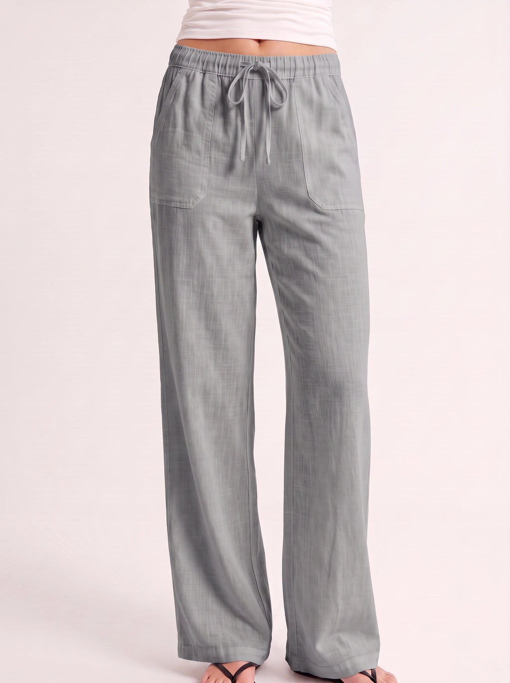 Fladra Relaxed Wide-Leg Linen Trousers – Drawstring Casual Lounge Women Holiday Beach Trousers