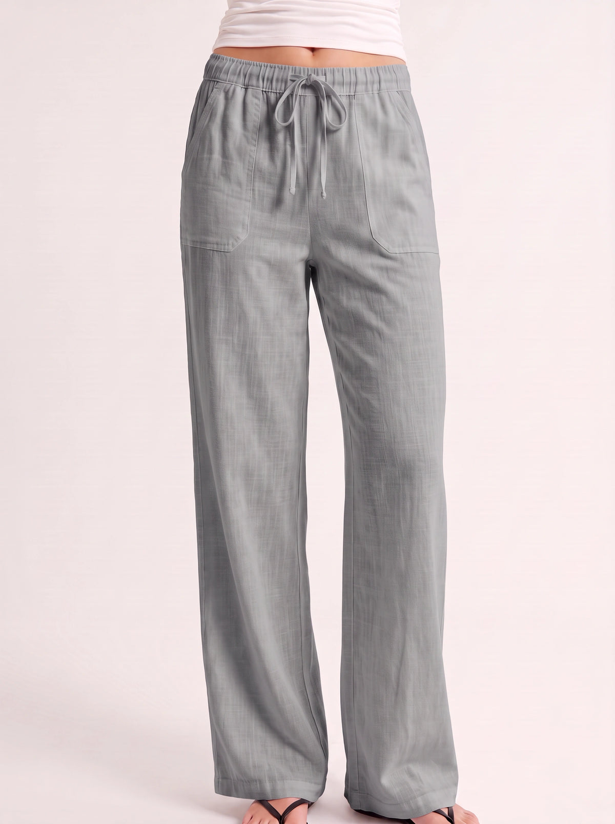 Fladra Relaxed Wide-Leg Linen Trousers – Drawstring Casual Lounge Women Holiday Beach Trousers