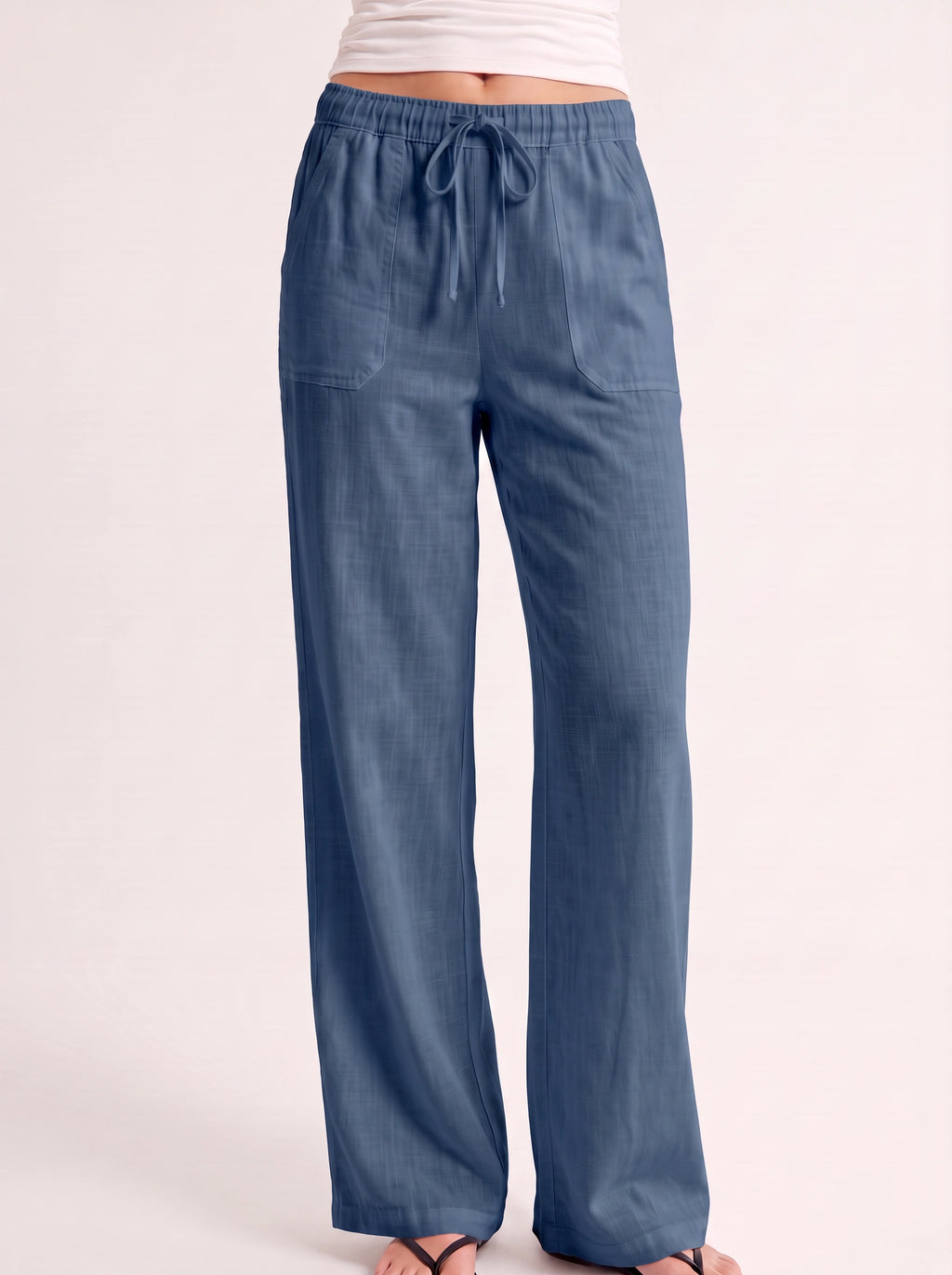 Fladra Relaxed Wide-Leg Linen Trousers – Drawstring Casual Lounge Women Holiday Beach Trousers