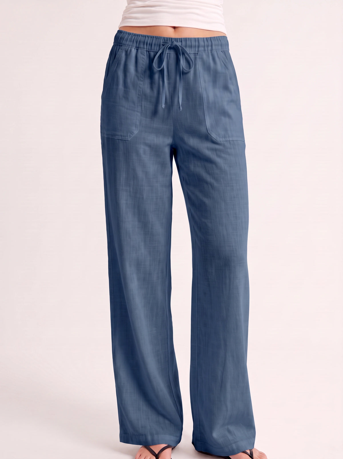 Fladra Relaxed Wide-Leg Linen Trousers – Drawstring Casual Lounge Women Holiday Beach Trousers
