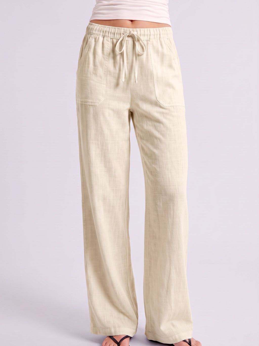 Fladra Relaxed Wide-Leg Linen Trousers – Drawstring Casual Lounge Women Holiday Beach Trousers