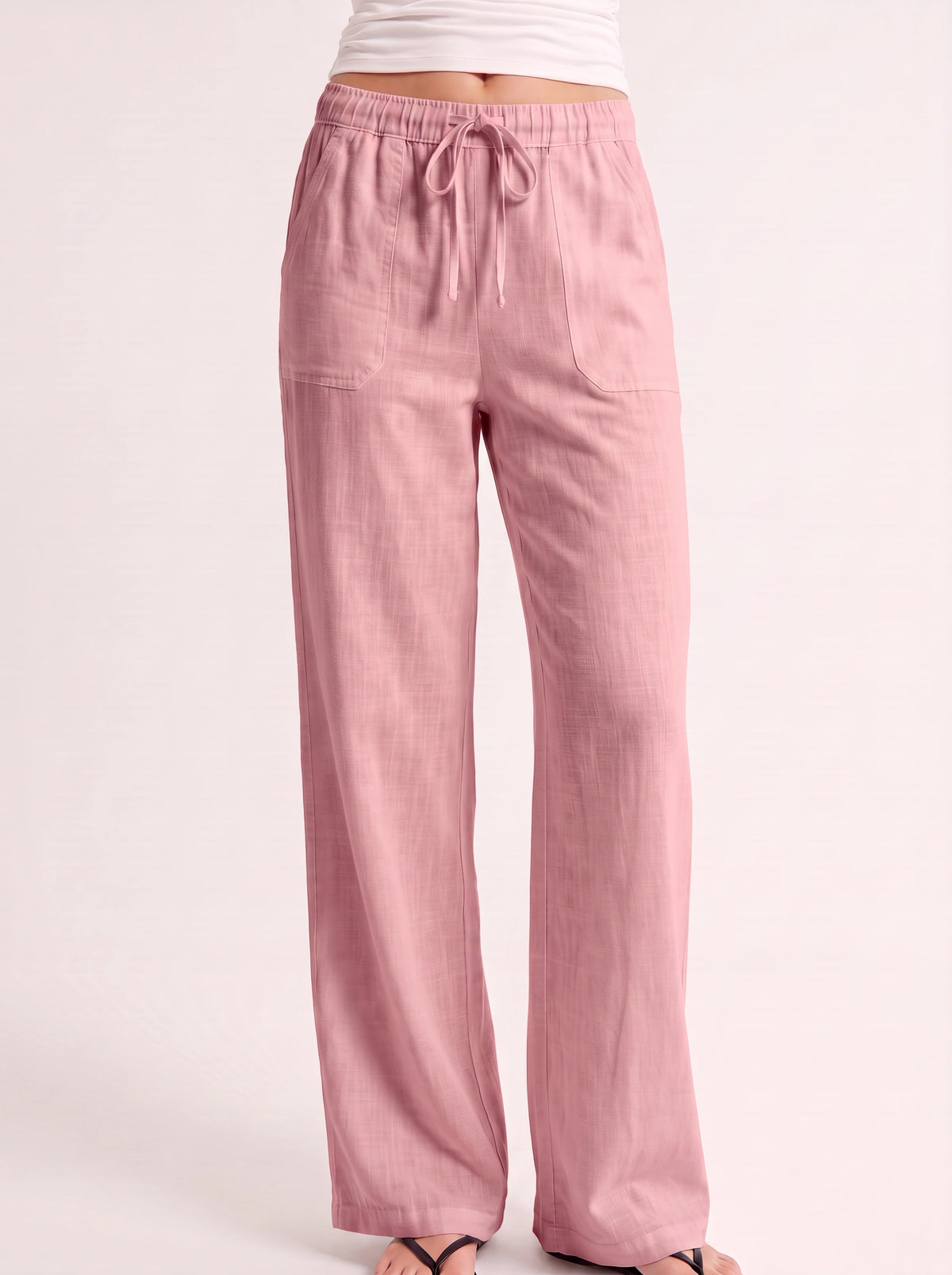 Fladra Relaxed Wide-Leg Linen Trousers – Drawstring Casual Lounge Women Holiday Beach Trousers