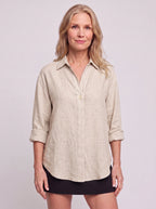 Solenne Relaxed Linen Shirt – Oversized Women Casual Office Autumn Workwear V-Neck Button Shirt