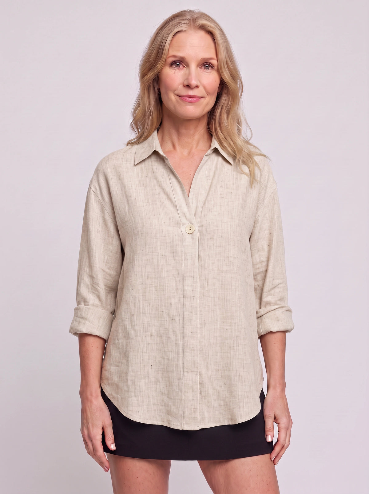 Solenne Relaxed Linen Shirt – Oversized Women Casual Office Autumn Workwear V-Neck Button Shirt
