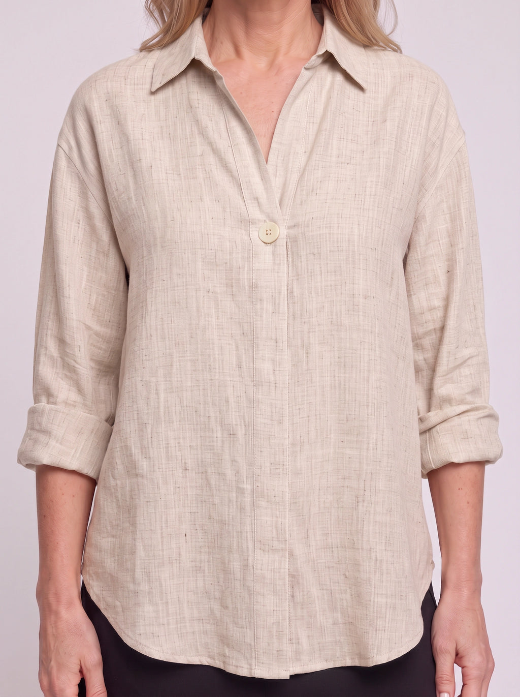 Solenne Relaxed Linen Shirt – Oversized Women Casual Office Autumn Workwear V-Neck Button Shirt