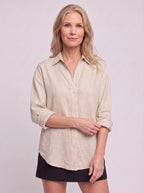 Solenne Relaxed Linen Shirt – Oversized Women Casual Office Autumn Workwear V-Neck Button Shirt