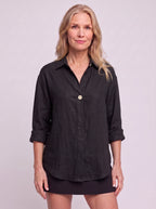 Solenne Relaxed Linen Shirt – Oversized Women Casual Office Autumn Workwear V-Neck Button Shirt