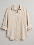 Solenne Relaxed Linen Shirt – Oversized Women Casual Office Autumn Workwear V-Neck Button Shirt