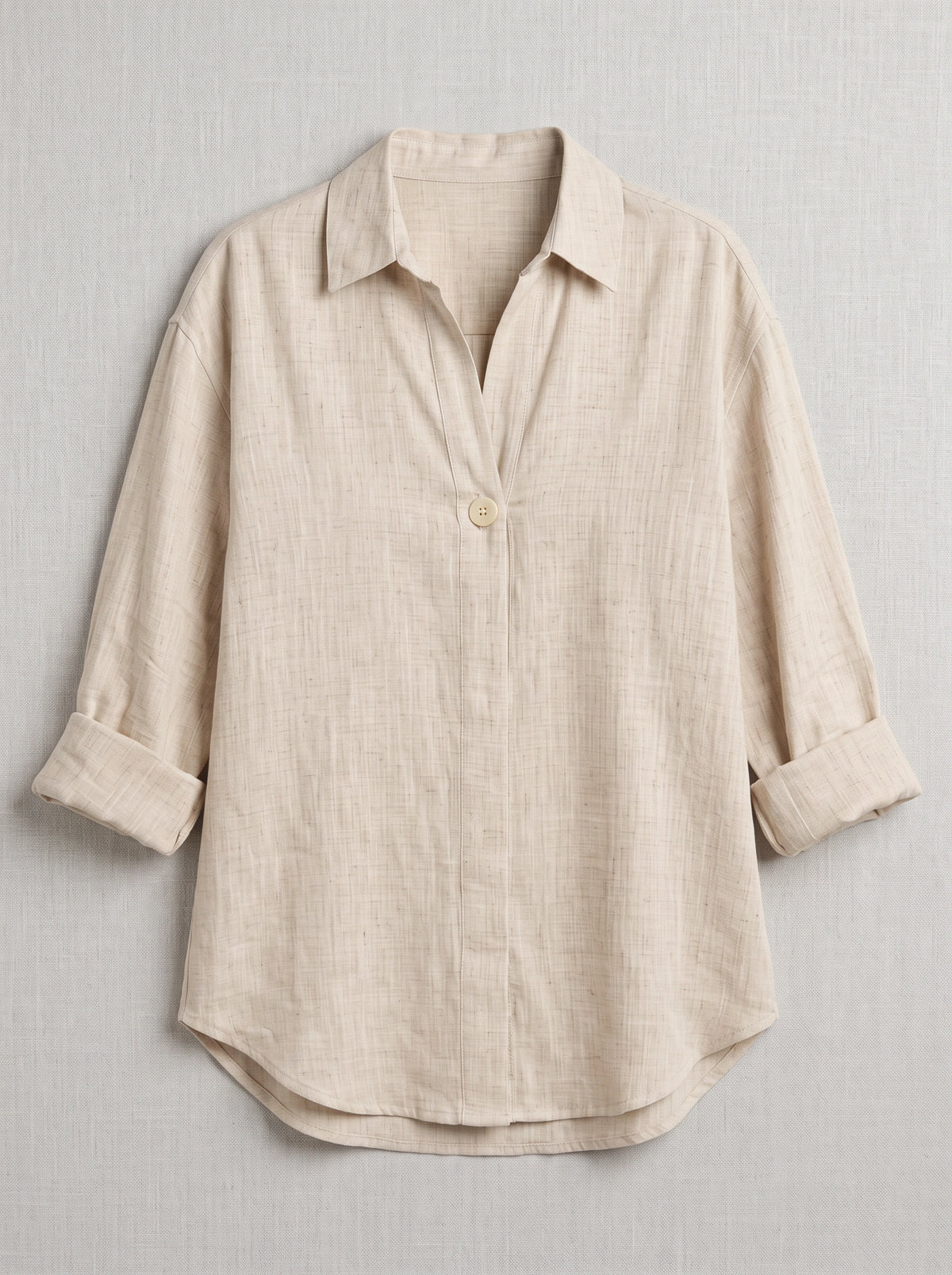 Solenne Relaxed Linen Shirt – Oversized Women Casual Office Autumn Workwear V-Neck Button Shirt