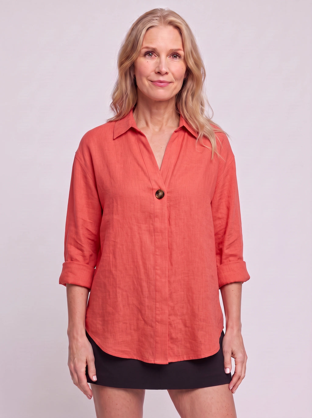 Solenne Relaxed Linen Shirt – Oversized Women Casual Office Autumn Workwear V-Neck Button Shirt