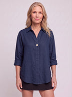 Solenne Relaxed Linen Shirt – Oversized Women Casual Office Autumn Workwear V-Neck Button Shirt