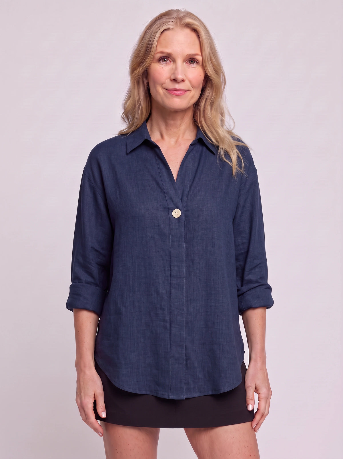 Solenne Relaxed Linen Shirt – Oversized Women Casual Office Autumn Workwear V-Neck Button Shirt