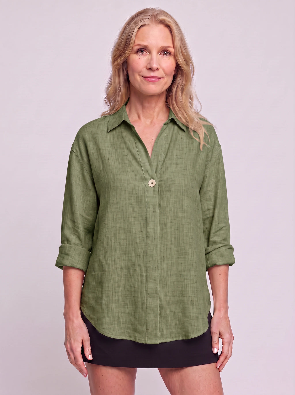 Solenne Relaxed Linen Shirt – Oversized Women Casual Office Autumn Workwear V-Neck Button Shirt