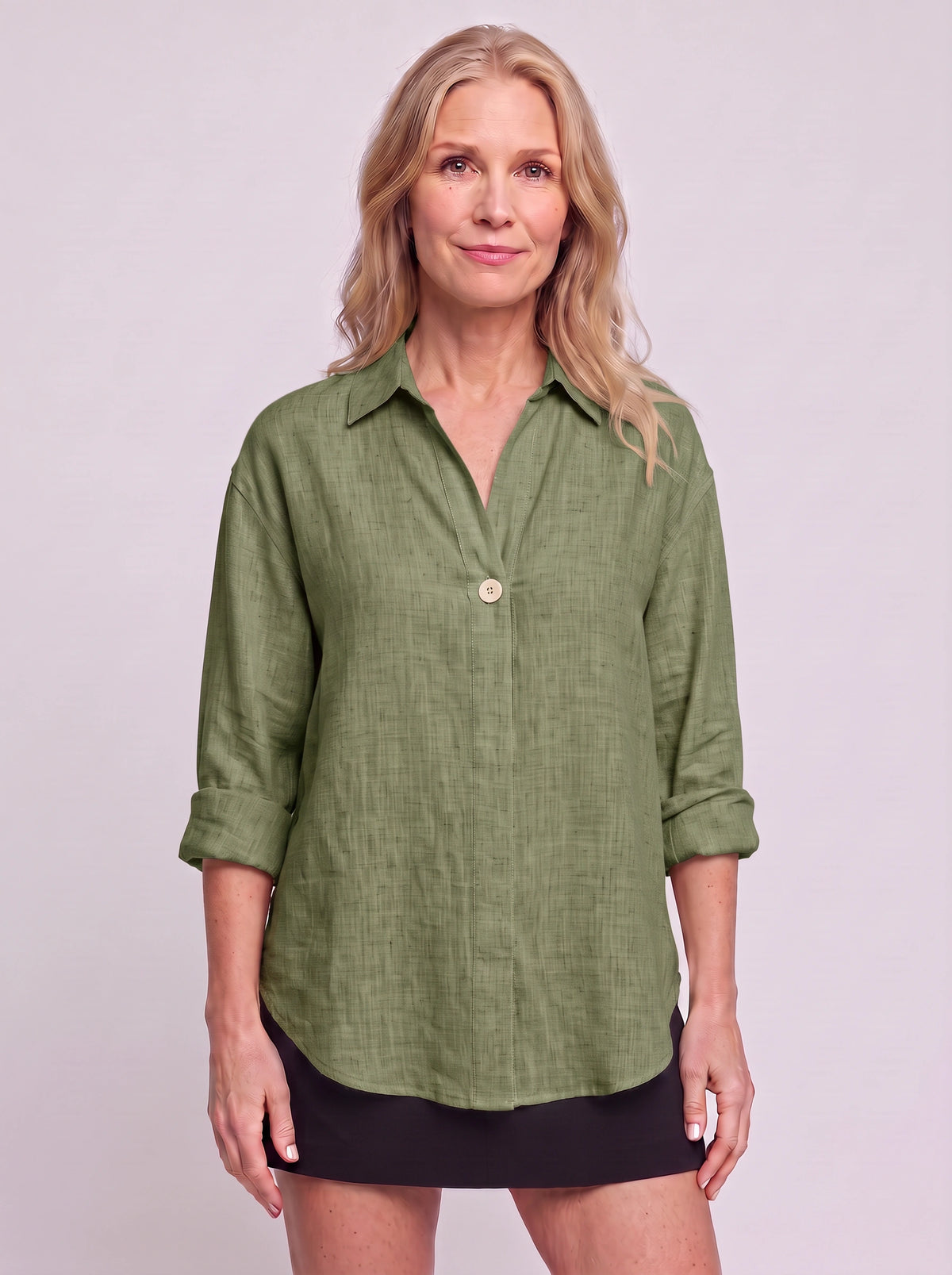 Solenne Relaxed Linen Shirt – Oversized Women Casual Office Autumn Workwear V-Neck Button Shirt