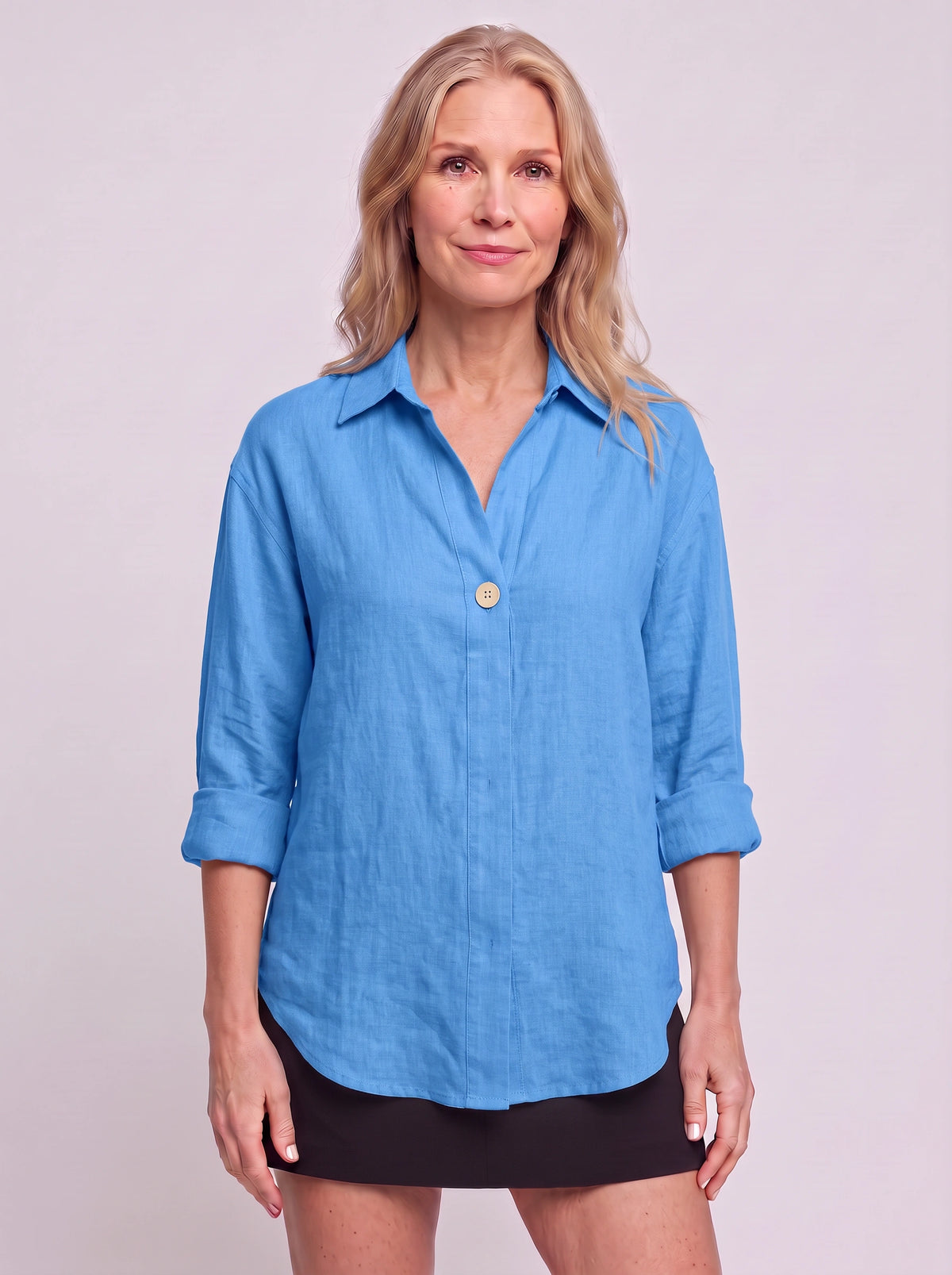 Solenne Relaxed Linen Shirt – Oversized Women Casual Office Autumn Workwear V-Neck Button Shirt