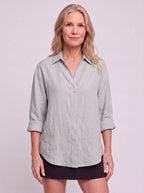 Solenne Relaxed Linen Shirt – Oversized Women Casual Office Autumn Workwear V-Neck Button Shirt