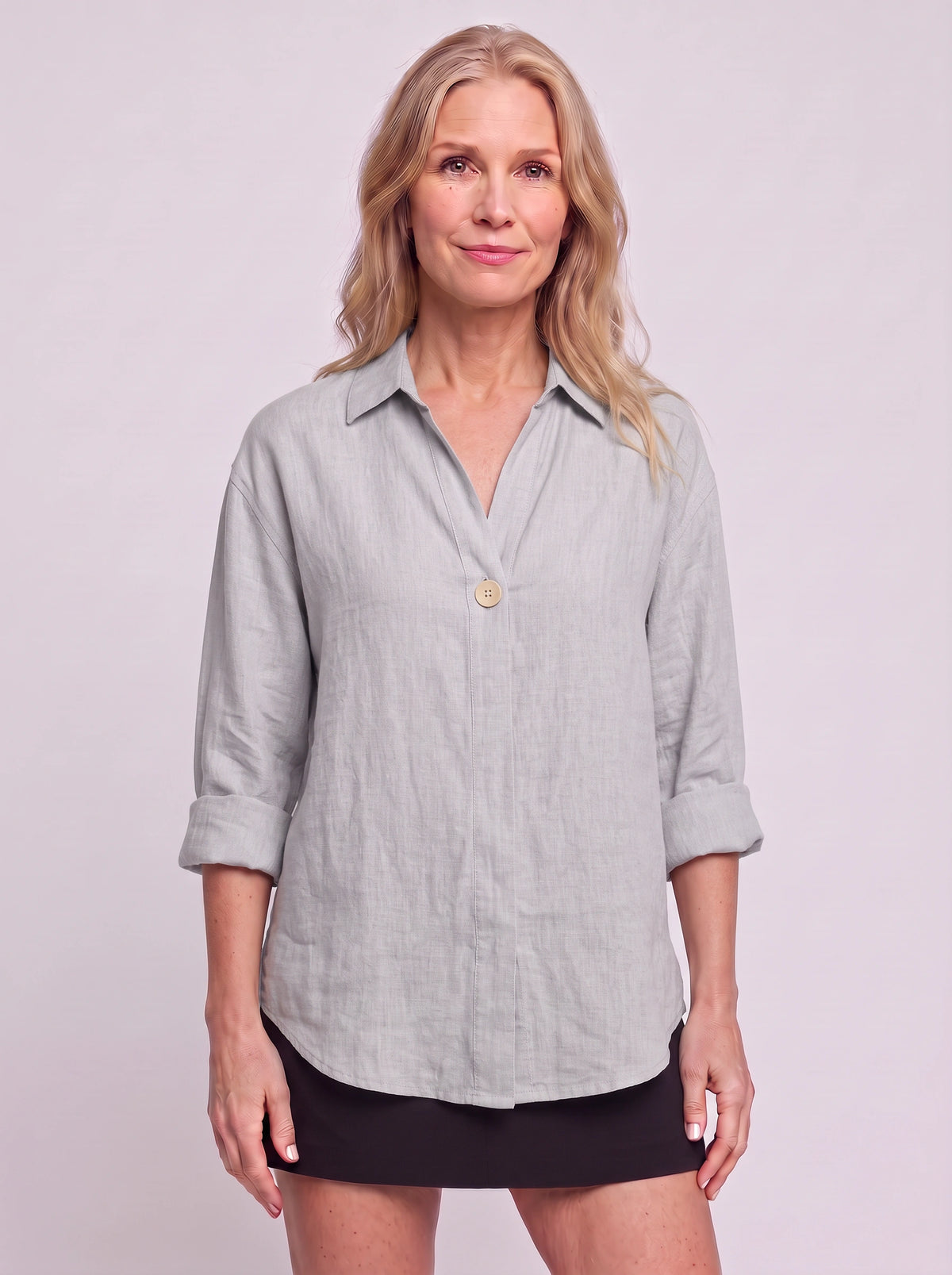 Solenne Relaxed Linen Shirt – Oversized Women Casual Office Autumn Workwear V-Neck Button Shirt