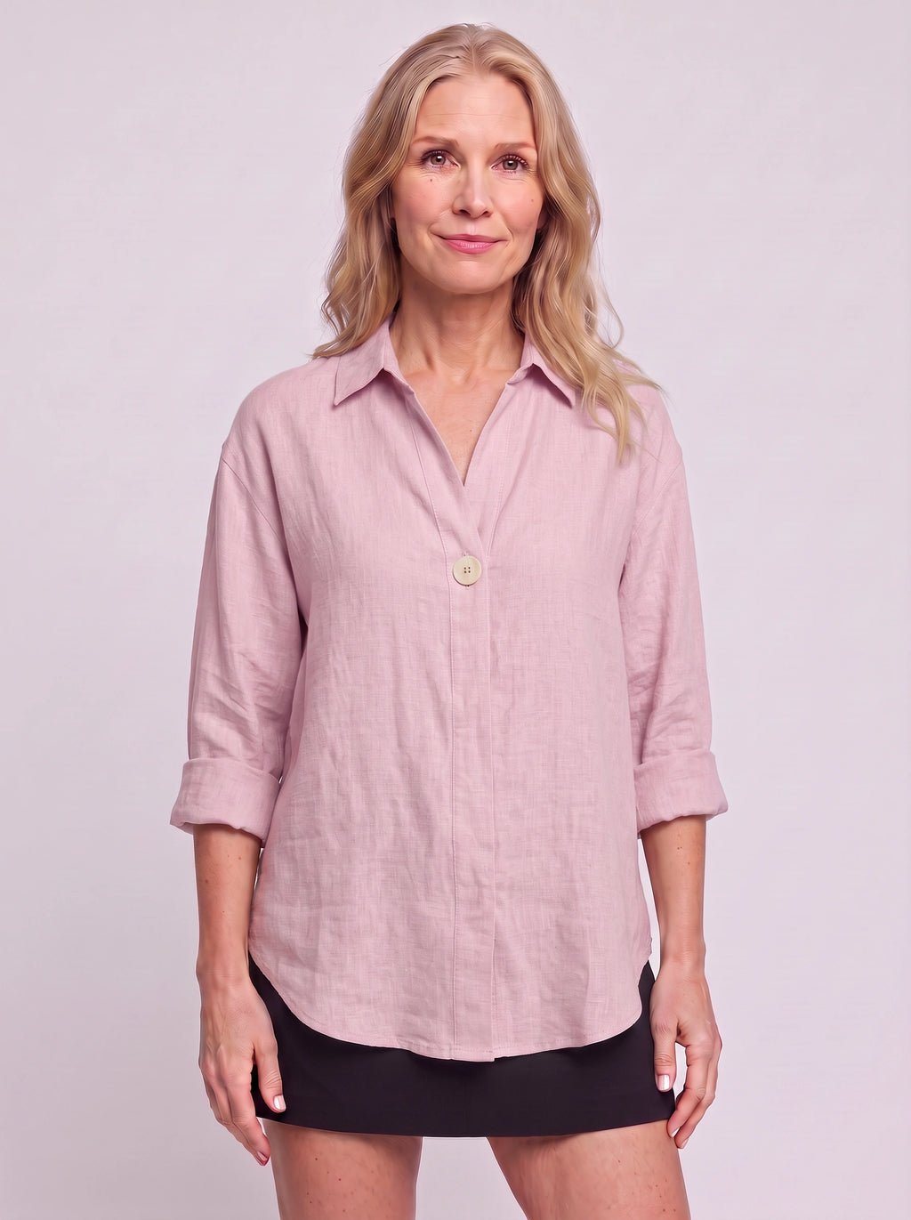 Solenne Relaxed Linen Shirt – Oversized Women Casual Office Autumn Workwear V-Neck Button Shirt