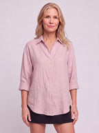 Solenne Relaxed Linen Shirt – Oversized Women Casual Office Autumn Workwear V-Neck Button Shirt