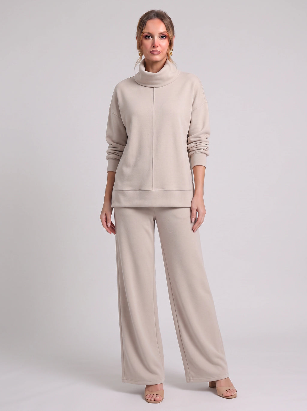 Funel Cowl Neck Wide-Leg Lounge Set – Oversized Jumper Tracksuit Women Casual Loungewear Co-Ord Set