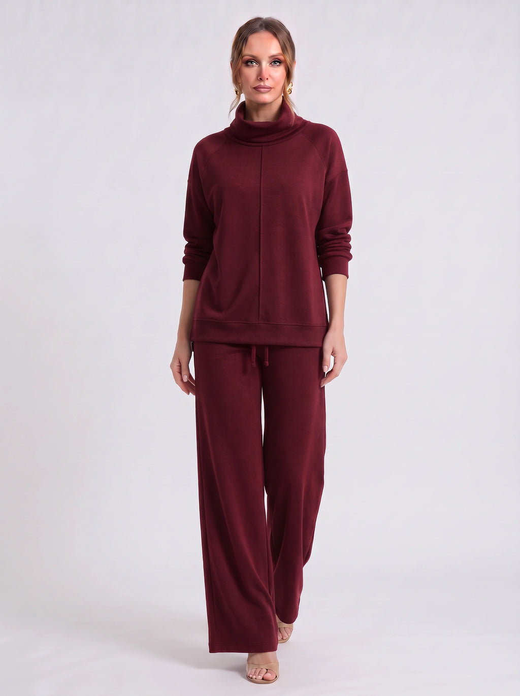 Funel Cowl Neck Wide-Leg Lounge Set – Oversized Jumper Tracksuit Women Casual Loungewear Co-Ord Set