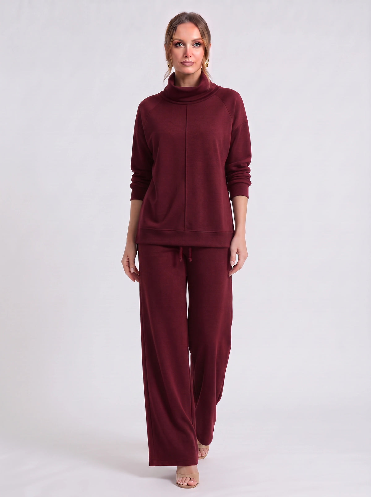Funel Cowl Neck Wide-Leg Lounge Set – Oversized Jumper Tracksuit Women Casual Loungewear Co-Ord Set