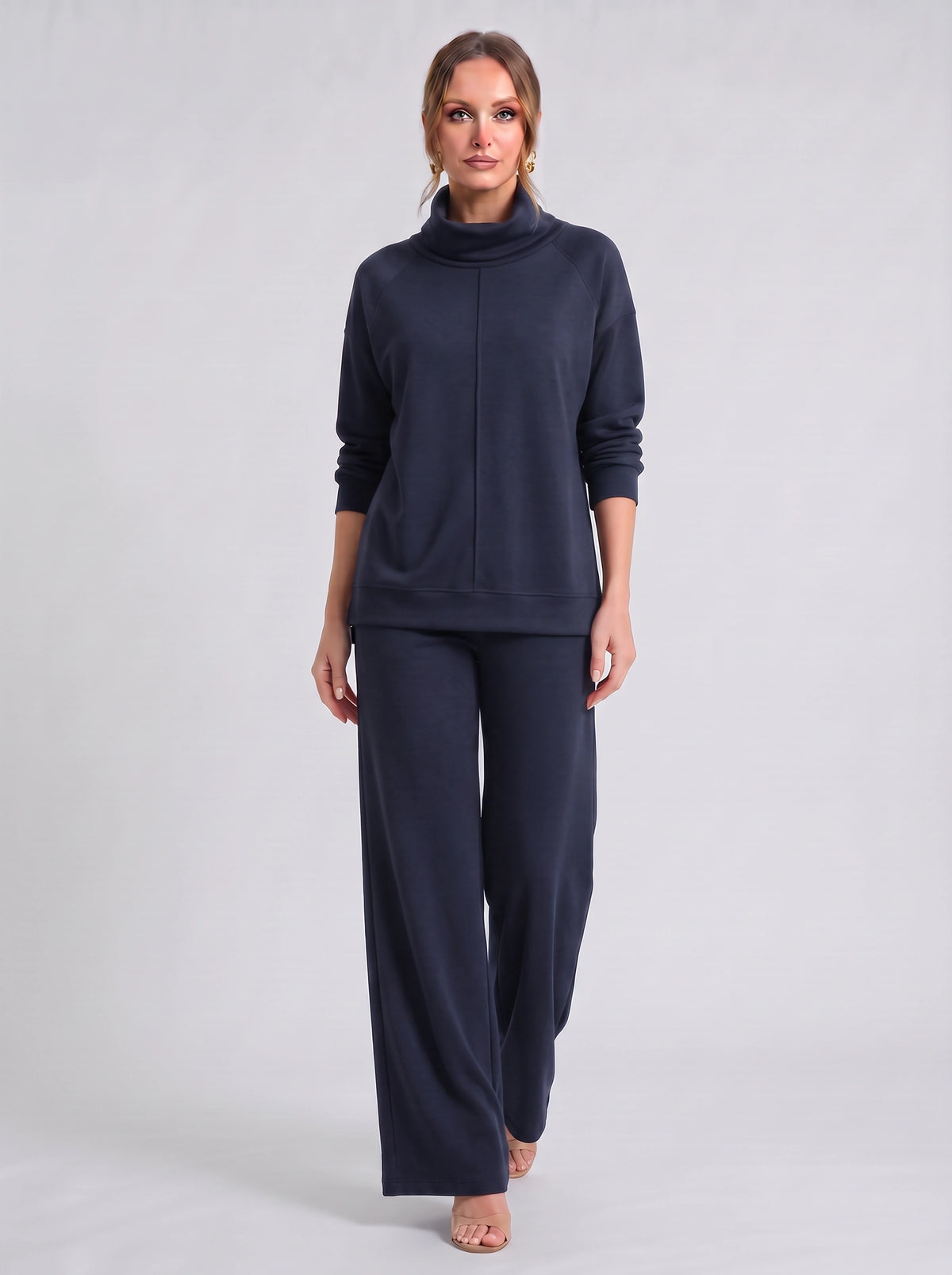 Funel Cowl Neck Wide-Leg Lounge Set – Oversized Jumper Tracksuit Women Casual Loungewear Co-Ord Set