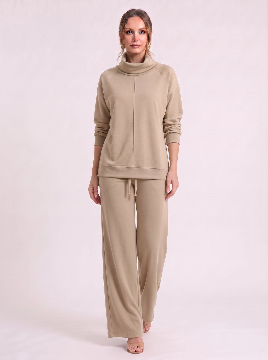 Funel Cowl Neck Wide-Leg Lounge Set – Oversized Jumper Tracksuit Women Casual Loungewear Co-Ord Set