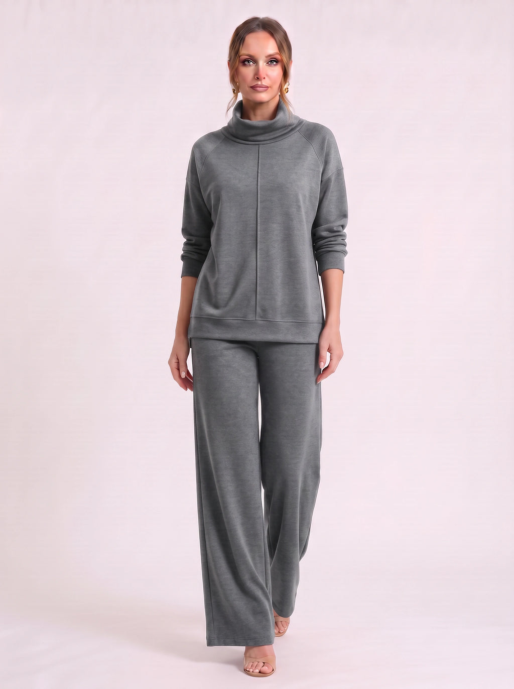 Funel Cowl Neck Wide-Leg Lounge Set – Oversized Jumper Tracksuit Women Casual Loungewear Co-Ord Set