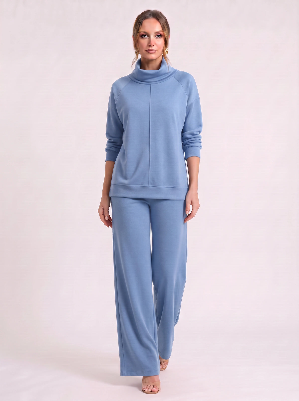 Funel Cowl Neck Wide-Leg Lounge Set – Oversized Jumper Tracksuit Women Casual Loungewear Co-Ord Set