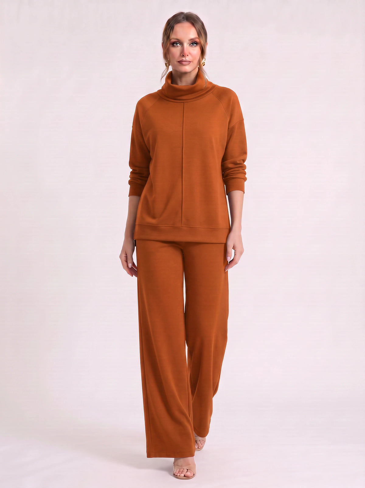 Funel Cowl Neck Wide-Leg Lounge Set – Oversized Jumper Tracksuit Women Casual Loungewear Co-Ord Set