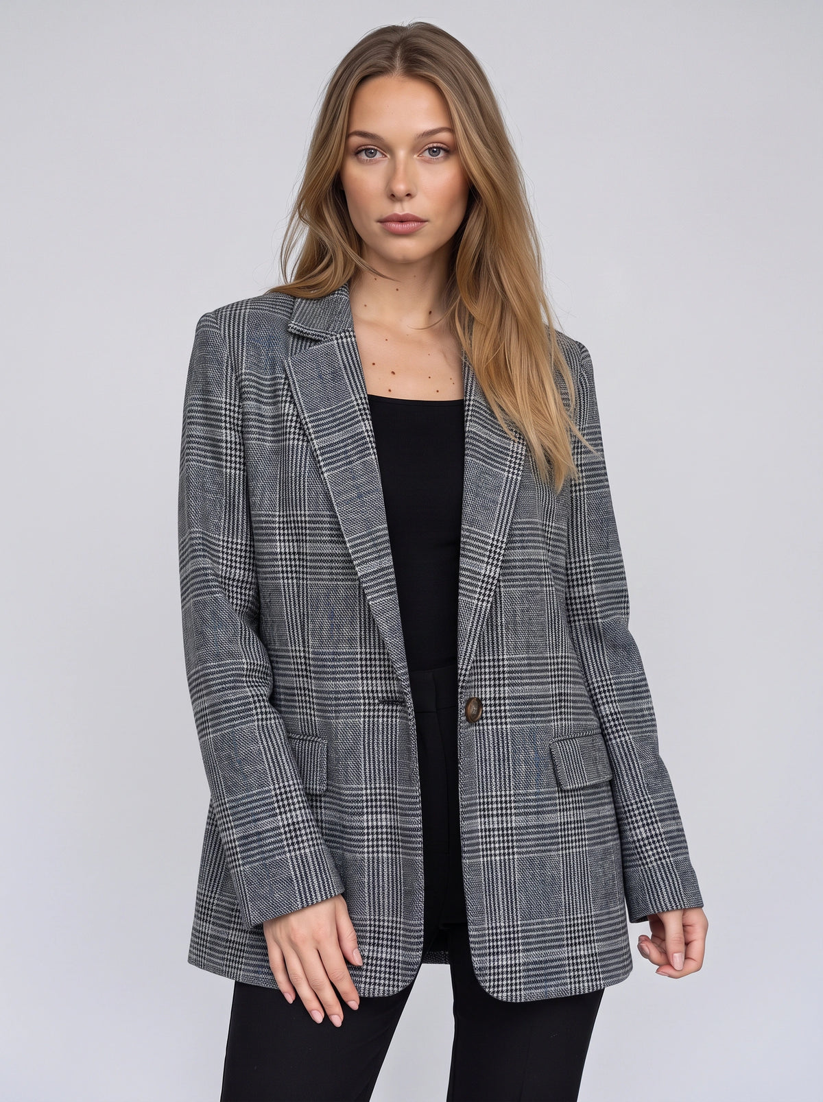 Pekanthe Tailored Check Blazer – Women Oversized Office Workwear Casual Smart Formal Longline Blazer