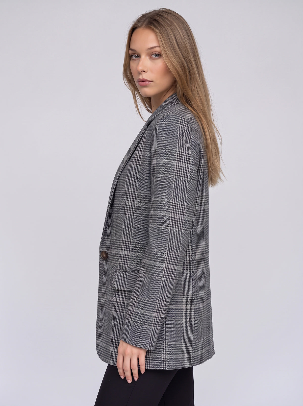 Pekanthe Tailored Check Blazer – Women Oversized Office Workwear Casual Smart Formal Longline Blazer
